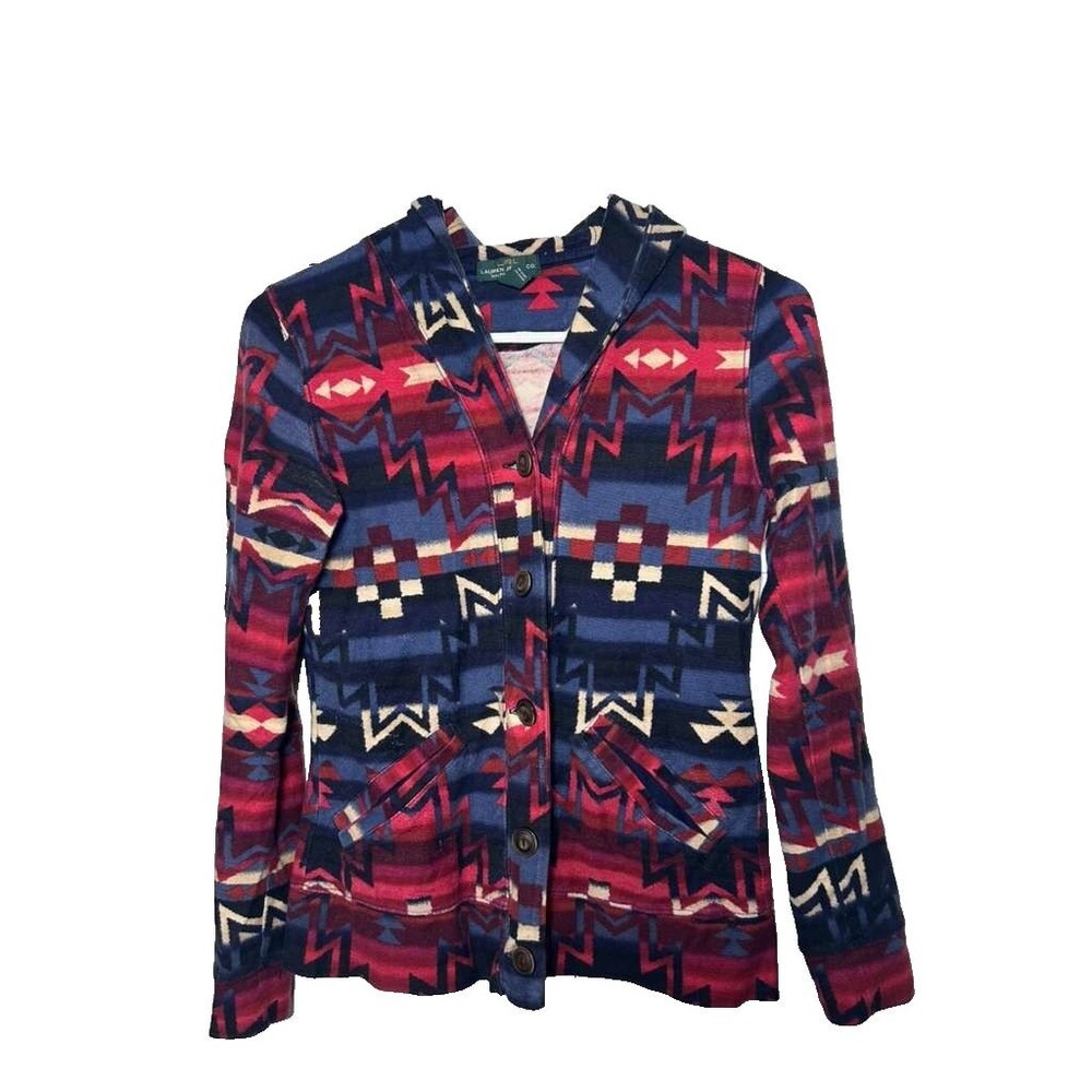 LRL Ralph Lauren Aztec Southwestern Cardigan Women XS Red Sweater